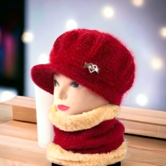 Accessories - Warm 2Pc. Wool Wine Red Hat with Gold Heart Pendant with Wine Red Neck Scarf !!